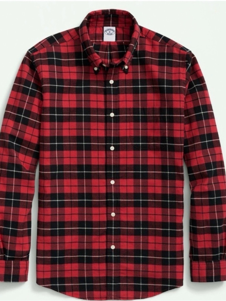 Brooks Brothers Classic Red And Black Plaid, 100% Cotton Men's Large Buttondown